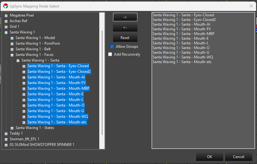 LipSync Mapping Node Select dialog with an element tree on the left and a chosen-elements list on the right