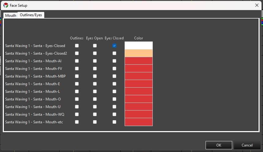 Face Setup dialog showing the Outlines/Eyes tab with Outlines, Eyes Open, and Eyes Closed checkboxes