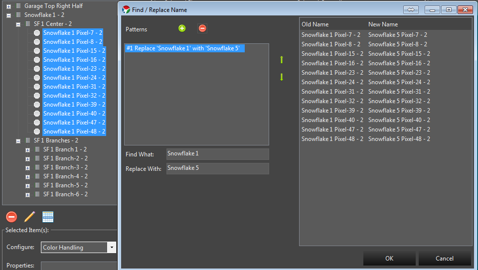 Find Replace Dialog - Renaming Snowflake 1 to Snowflake 5