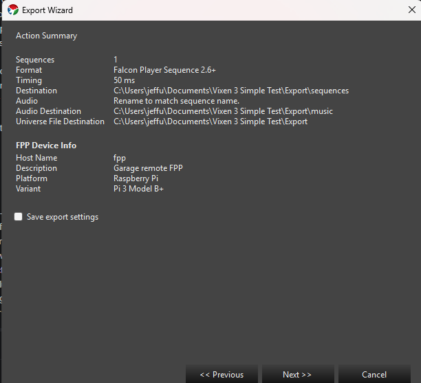 Export Wizard Step 5 - Summary with FPP Device Info