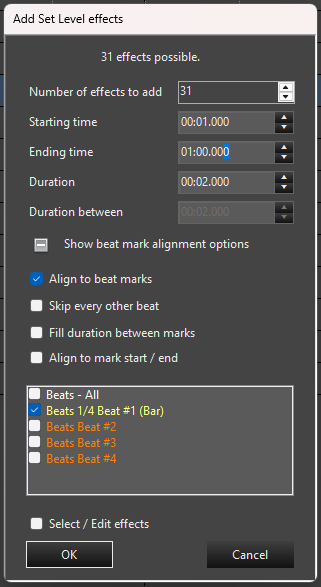 Add Multiple Effects form with beat mark options expanded