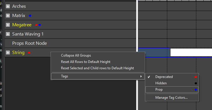 Tags context menu Tags context menu on the Sequencer row labels