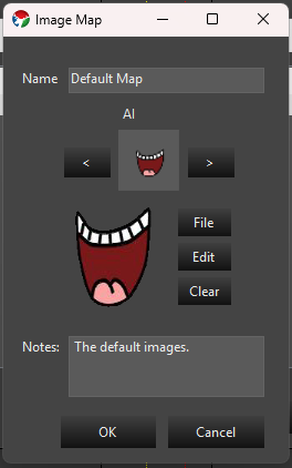 Image Map editor showing the Name field, phoneme stepper, image preview, and File/Edit/Clear buttons