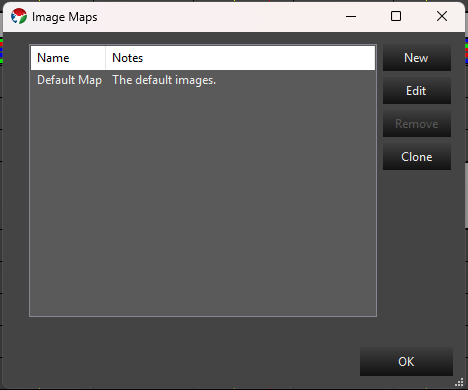 Image Maps window listing the library’s maps, with New, Edit, Remove, and Clone buttons